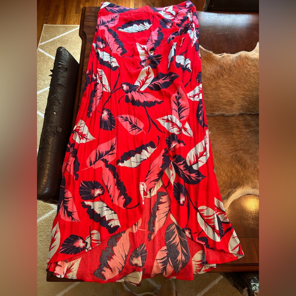 Express Red Asymmetrical Skirt with Leaf Print